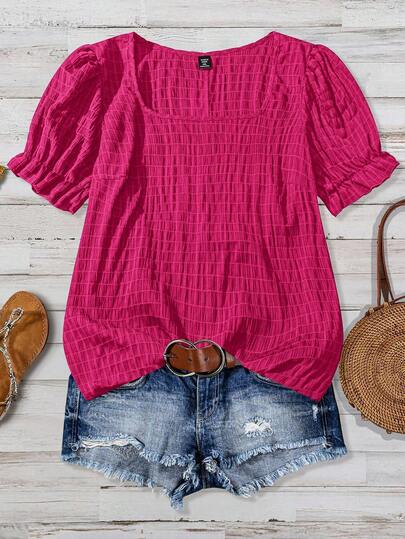 SHEIN VCAY Camisa casual de mujer talla grande de unicolor con cuello cuadrado y manga corta abullonada