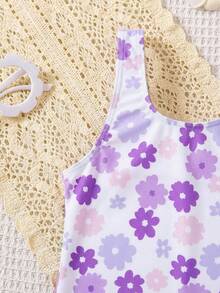 SHEIN Young Girl Cute Floral Print Tankini Swimsuit, Casual For Spring/Summer - Mauve Purple - View 3