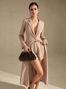 CLARA VERO Women's Lapel Front Button Waist Cinched Long Sleeve Extra Long Blazer Jacket & Shorts 2 Pieces Set - Khaki - View 7