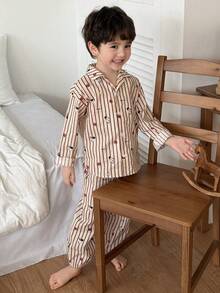 DAZY Young Boy Striped Pattern Long Sleeve Button-Up Top And Pants Pajama Set - Khaki - View 4