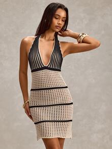 SHEIN Hollow Out Beachwear Cover Up Mini Dress - Black and White - View 1