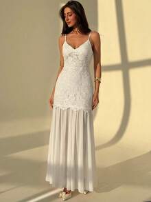 Aloruh 女士蕾丝优雅吊带连衣裙套装 - 白色 - 查看 5