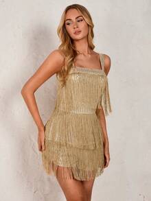 Glamine Women'S Fashion Slim Sequin Tassels Thick Shoulder Strap Glitter Night Out Party Romper, For Holiday Party - Gold - View 4