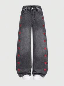 Celana Jeans Longgar Model Lurus dengan Bordir Hati Manis Model Terbaru untuk Anak Perempuan - Hitam - View 3