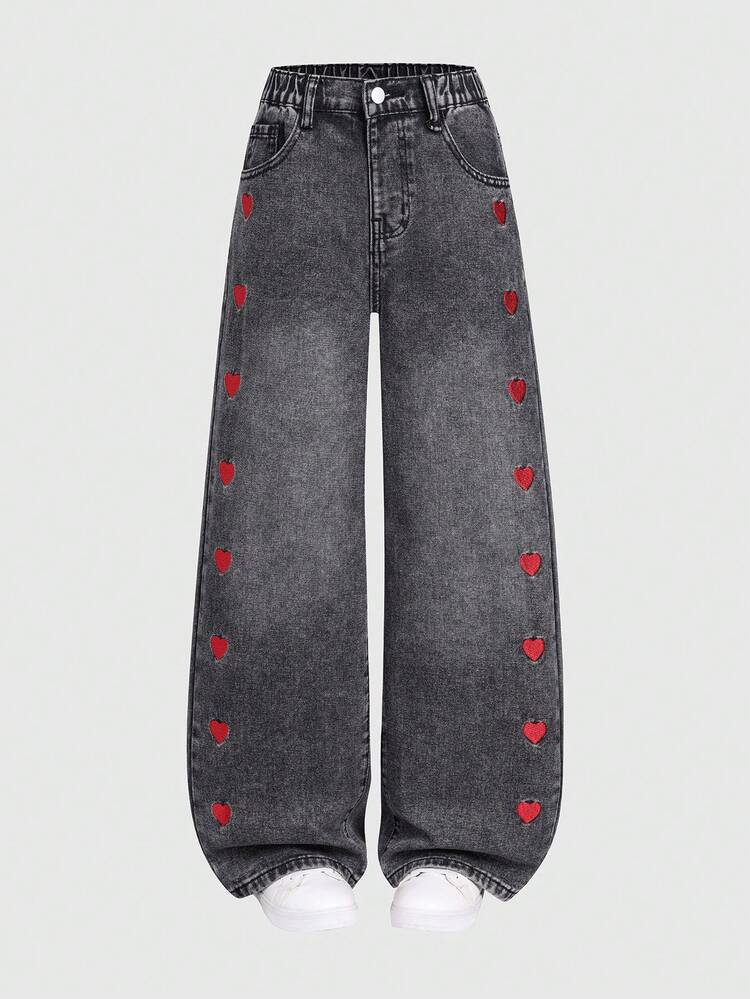 Jeans a gamba dritta con vestibilità morbida e ricamo a forma di cuore, nuova moda per ragazze - nero - Visualizzare 3