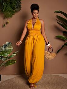 Maweii Mono de verano con cuello halter, cintura fruncida y amarres en los tobillos en color amarillo mostaza para mujer talla grande. Elegante para primavera, vacaciones y salidas de fiesta. - Amarillo - Ver 7