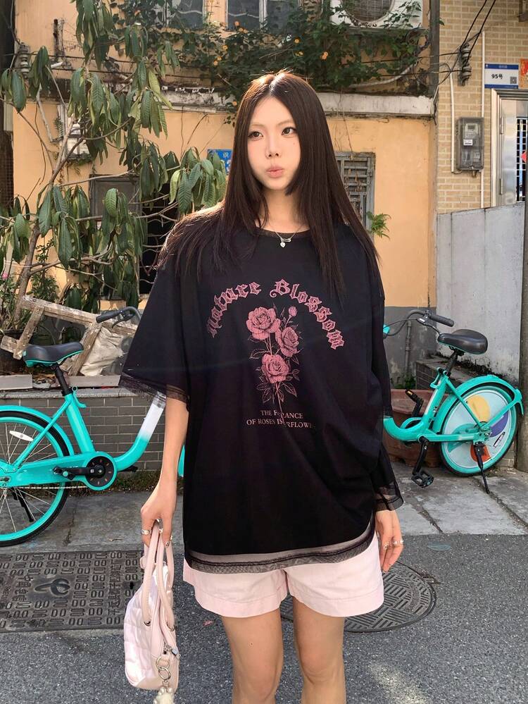 Women's Casual Floral Print Round Neck Drop Shoulder T-Shirt
