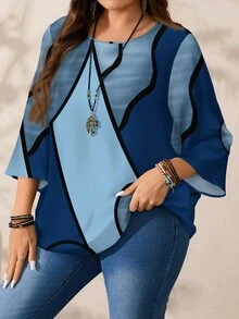 EMERY ROSE Plus Size Women Spring/Autumn Casual Full Print Round Neck Loose 3/4 Sleeve Shirt Chic Blouses For Women - Multicolor - View 5