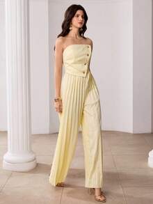 Modelyn Women's Sexy Asymmetric Strapless Backless Metal Button Pleated Leg Jumpsuit, Fashionable And Elegant For Summer - Yellow - View 4