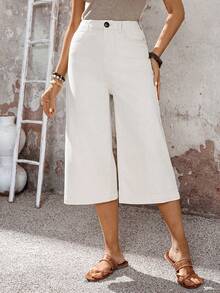 SHEIN LUNE Women's High Waist Pocketed Wide Leg Capri Length Jeans,Off-White Casual Autumn Brunch Loose Denim Pants For Office,Work,Party,Wedding Guest&Vacation - White - View 7