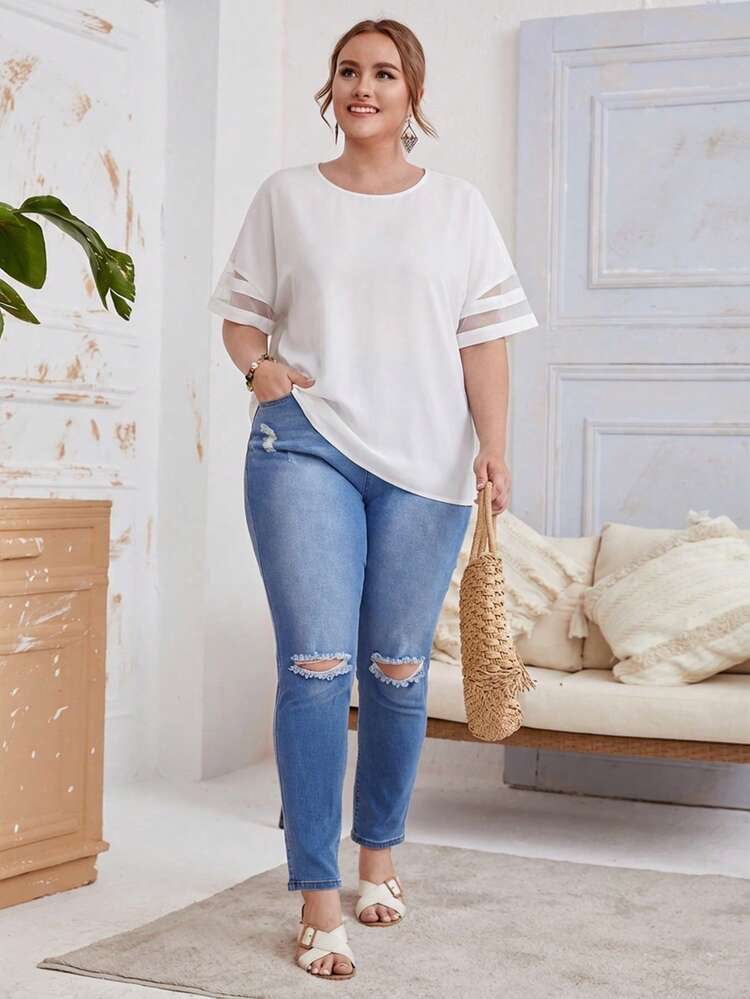 Plus Size Summer Casual Solid Color Mesh Patchwork Shirt