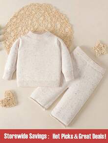 SHEIN 女婴立领毛衣和卷边针织裤 - 杏色 - 查看 1