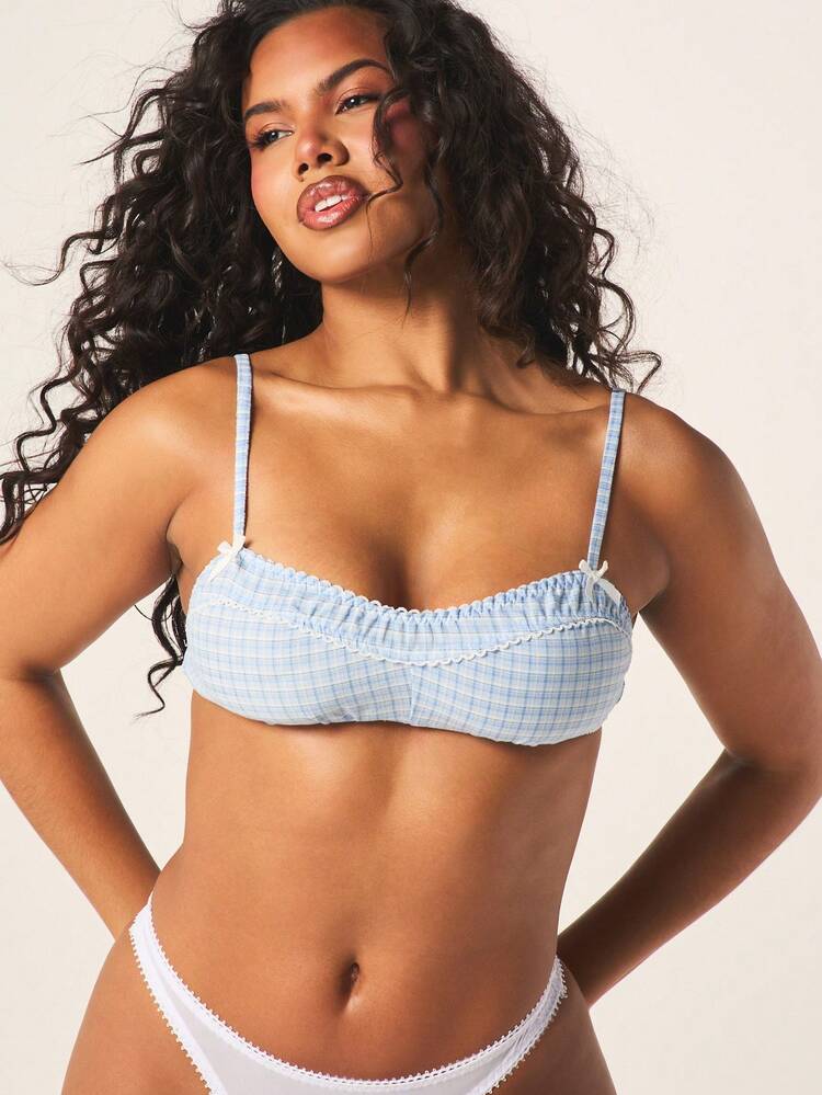 MISSGUIDED 체크 무늬 우븐 브라렛, 리본 디테일 및 피콧 트림 러치 브라, 일상적인 지지력과 여성스러운 스타일을 위한