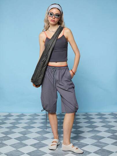 COUREZ Cami Tankini Top With Contrasting Binding /Y2K Summer Clothes For Women Cute Sexy Brown Tops Beach Outfits Holiday Outfits Swimwear Summer Vacation 2 Piece Sets Going Out Outfits