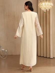 Al Najma Đầm dài tay dáng rộng thanh lịch dành cho nữ với thiết kế thêu đính cườm và ghép mảnh. - Màu be - Xem 9