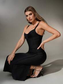 Nuvra Bandage Bodycon Revealing Silhouette Sexy V-Neck Spaghetti Strap Party Dress Tummy Control Dress Bandage Dress For Women Bodycon Maxi Dress Women Long Bodycon Dress Tight Long Dress - Black - View 7