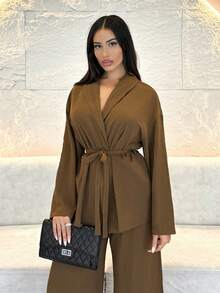 Shopreo Women Vintage Casual Vacation Office Round Collar Belted Loose Shacket And High Waist Loose Pants - Chocolate Brown - View 6