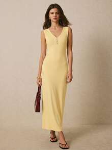 Poéselle Sleeveless Solid Color Slim Fit Dress, Summer - Yellow - View 8