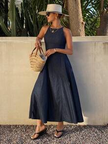 DAZY Women's Elegant Washed Denim Round Neck Sleeveless Dress, Summer - Medium Wash - View 5