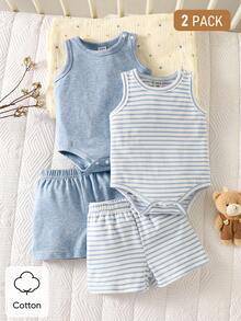 SHEIN Bộ quần áo mùa hè 4 món cho bé sơ sinh, áo liền quần tay ngắn và quần short kẻ sọc bằng chất liệu cotton pha mềm mại, thoải mái và thoáng khí, thích hợp cho các buổi tụ họp, tiệc tùng, dã ngoại. - Màu xanh lam - Xem 11