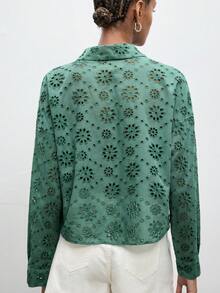 Maija 女士镂空刺绣落肩长袖单排扣休闲衬衫 - 綠色 - 查看 3