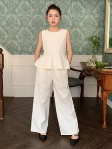 DAZY Tween Girl Solid Color Round Neck Ruffle Hem Sleeveless Shirt And Pants Casual Outfit - White - View 8