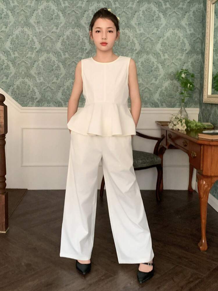Tween Girl Solid Color Round Neck Ruffle Hem Sleeveless Shirt And Pants Casual Outfit