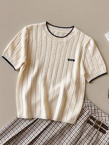 SHEIN Unity Top tricoté à col rond ajouré de couleur unie à manches courtes pour femmes, polyvalent pour le port estival, le layering, le bureau, les occasions sociales, le style Y2K - Nude - Voir 2