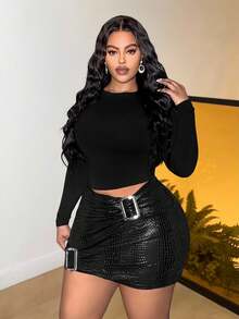 Slaydiva 大码女装春夏新款纯色皮革金属装饰褶皱性感百搭约会派对迷你裙 - 黑色 - 查看 9