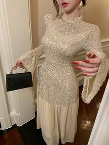 DAZY 女士时尚派对亮片拼接喇叭袖连衣裙 - 紫色 - 查看 3