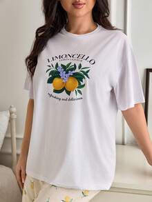 EURMUSE 加大码纯棉两件套女式柠檬印花短裤和柠檬酒印花上衣家居服可爱睡衣套装 - 黃色 - 查看 4