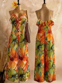 Roelina Bộ jumpsuit nữ họa tiết hoa phối bèo nhún ống rộng, thích hợp cho kỳ nghỉ. - Nhiều màu - Xem 1