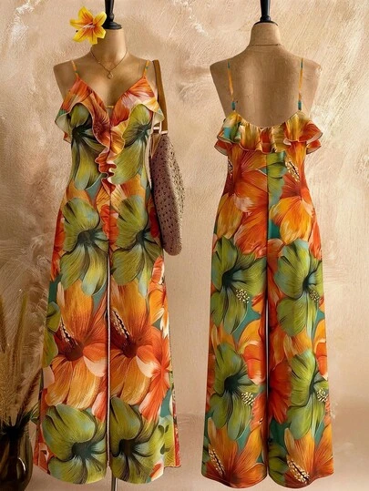Roelina Mono ancho con estampado floral, parches y volantes en el bajo, adecuado para vacaciones