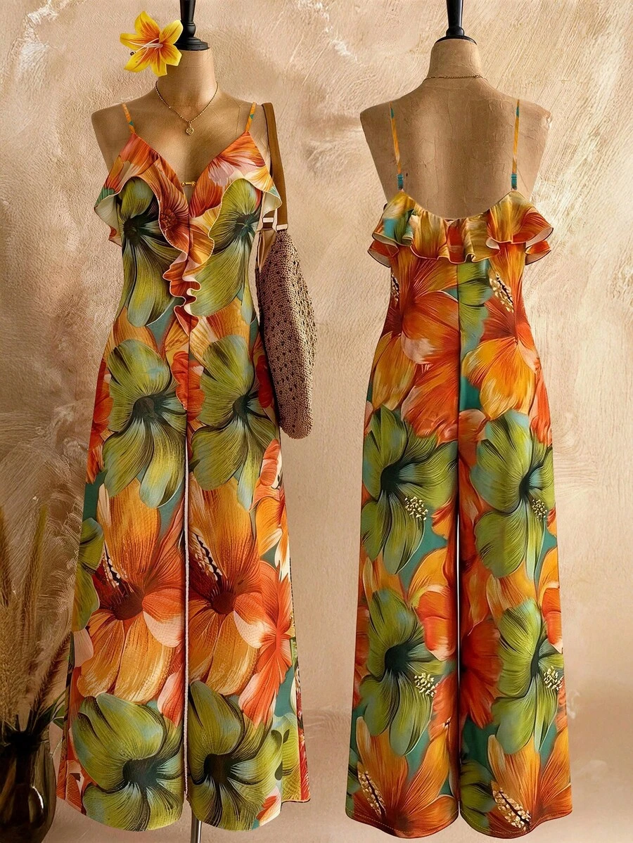 Roelina Bộ jumpsuit nữ họa tiết hoa phối bèo nhún ống rộng, thích hợp cho kỳ nghỉ. - Nhiều màu - Xem 1