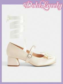 Dola Lovely Lolita Style Champagne Gold Satin Ankle Strap Women's High Heel Shoes, Square Toe Bow Mary Jane Shoes, Soft Girl Princess Style - Apricot - View 2