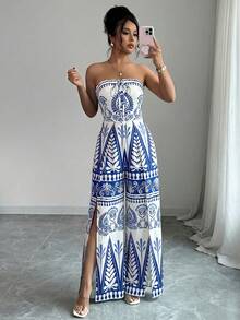 Bộ jumpsuit nữ thanh lịch phong cách Bohemian in họa tiết, cổ yếm, hở lưng, cạp cao, ống rộng, thích hợp cho kỳ nghỉ biển mùa xuân/hè. - Xanh và trắng - Xem 7
