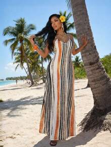 SHEIN Lady Đầm nữ dáng rộng, phối màu sọc, kiểu dáng thường ngày, thích hợp cho kỳ nghỉ, có túi hai bên. - Nhiều màu - Xem 4