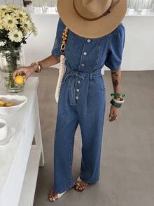 DAZY Women's Casual Washed Square Collar Petal Sleeve Belted Denim Jumpsuit, Spring/Summer - Medium Wash - View 4