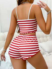 SHEIN Set Piyama Camisole & Celana Pendek Rajut Jacquard Motif Garis Merah & Putih dengan Hiasan Rumbai untuk Wanita - MultiWarna - View 2