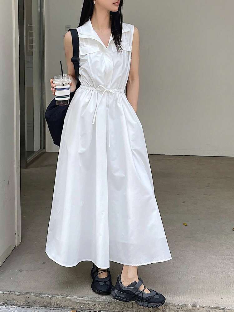 Women's Solid Color Zip-Up Half Placket Drawstring Waist Pocket Sleeveless Long Casual Dress