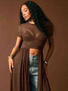 Vixey Sheer Solid Mesh Short Sleeve Split Hem Maxi Top, Elegant, Boho, Spring Tops, Romantic - Brown - View 5