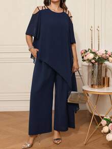 EMERY ROSE 大码女式优雅不规则下摆露肩上衣和裤子两件套，带口袋，春夏款 - 藏蓝色 - 查看 3
