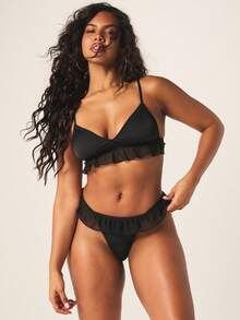 MISSGUIDED Satin Mesh Ruffle Bralette And Panty Set Two Piece Lingerie Delicate Strappy Details Intimate Occasion Elegant V Neck Wire Free Comfortable Everyday Feminine - Black - View 4