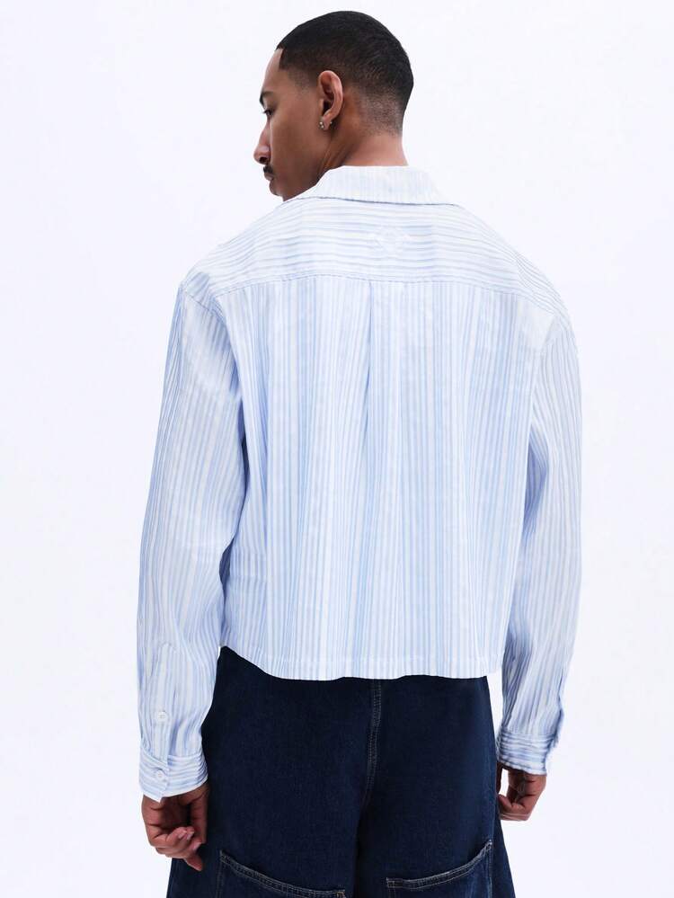 Men's Crop Fit Long Sleeve Embossed Stripe Button Down Shirt With Spread Collar Classic Formal Casual Vertical Striped Design