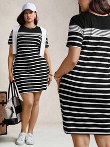 Zelara Plus Size Round Neck Striped & Printed Casual Summer Short Sleeve Dress - Black - View 10