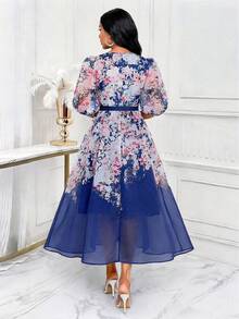 SHEIN Lady 女士印花V领花瓣袖连衣裙，优雅假日风 - 藍色 - 查看 2