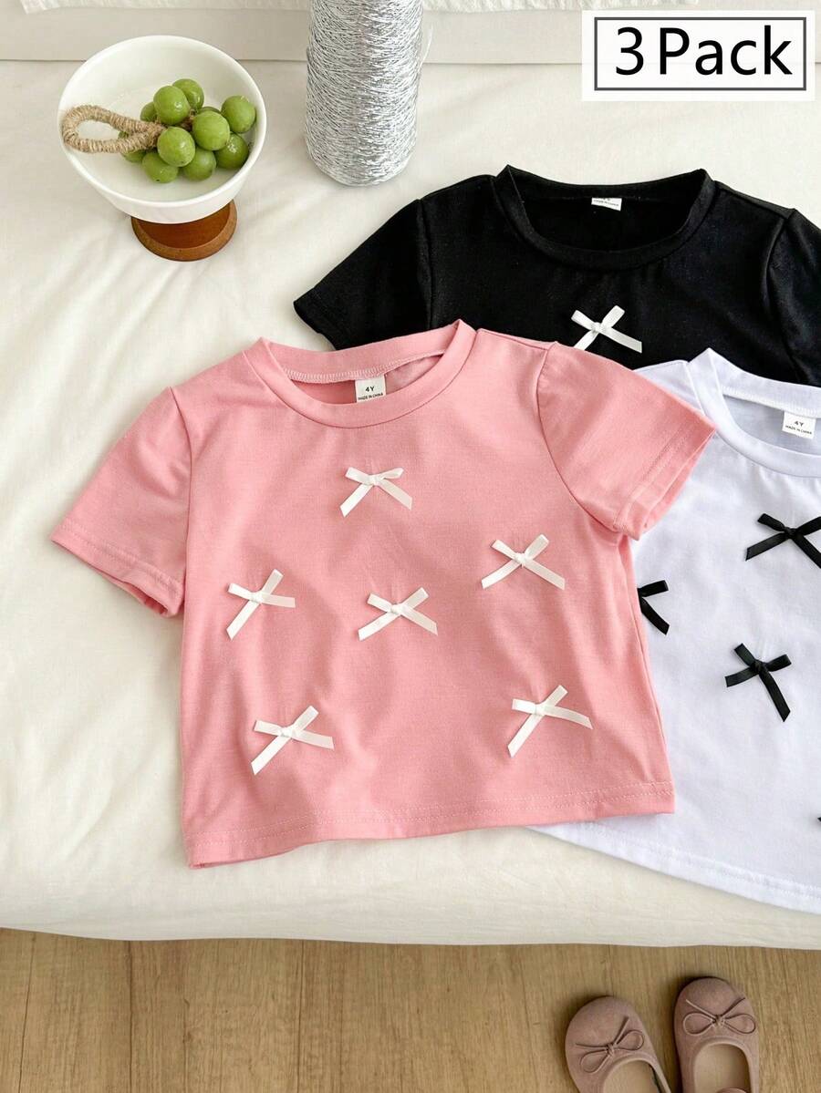 Genkimix Kids 3 Stück/Set Kleinkind Mädchen Mode einfache Schleife Dekor Kurzarm T-Shirt, Schwarz Weiß Rosa Kombination, vielseitig für den täglichen Gebrauch, Frühling/Sommer - Schwarz - Übersicht 1