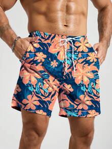 Manfinity KASUA Men's Tropical Plant Print Drawstring Waist Beach Shorts - Multicolor - View 5