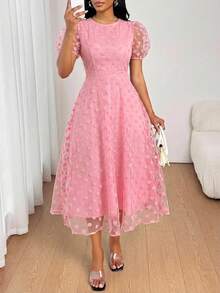 SHEIN Lady 女士优雅通勤波点网纱花瓣袖中长连衣裙，夏季 - 粉色 - 查看 6