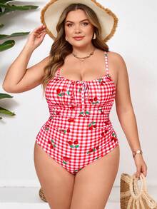 SHEIN CURVE+ 大码女式红白格子水果印花抽绳连体泳衣，适合海滩穿着 - 紅白色 - 查看 7